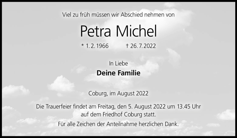  Traueranzeige für Petra Michel vom 03.08.2022 aus Neue Presse Coburg