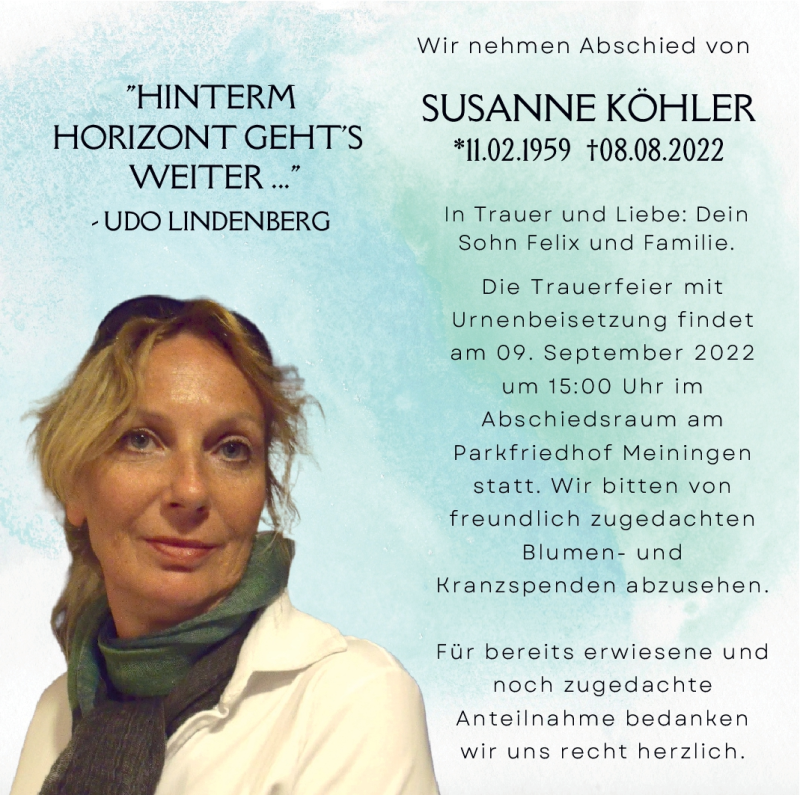  Traueranzeige für Susanne Köhler vom 03.09.2022 aus Südthüringer Presse