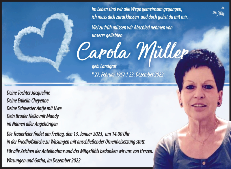  Traueranzeige für Carola Müller vom 07.01.2023 aus Südthüringer Presse