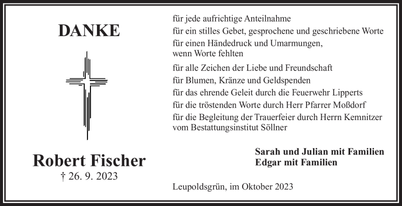  Traueranzeige für Robert Fischer vom 21.10.2023 aus Frankenpost