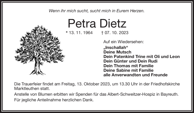  Traueranzeige für Petra Dietz vom 11.10.2023 aus Frankenpost