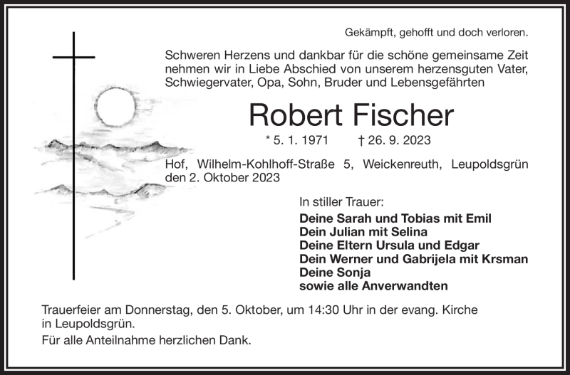  Traueranzeige für Robert Fischer vom 02.10.2023 aus Frankenpost