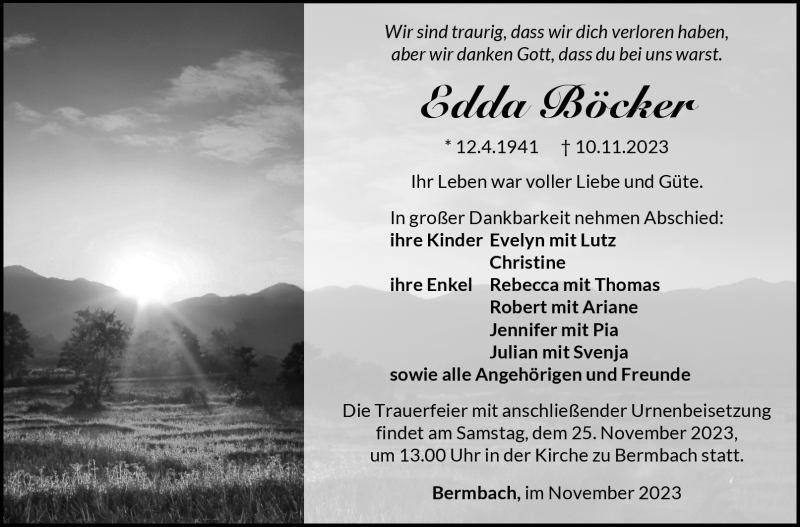  Traueranzeige für Edda Böcker vom 18.11.2023 aus Südthüringer Presse