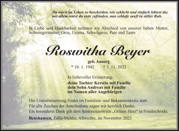 Traueranzeige von Roswitha Beyer von Südthüringer Presse