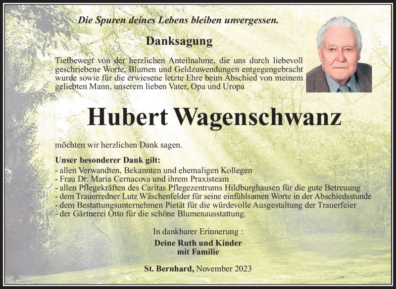  Traueranzeige für Hubert Wagenschwanz vom 04.11.2023 aus Südthüringer Presse