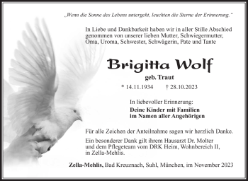 Traueranzeige von Brigitta Wolf von Südthüringer Presse