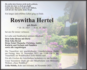 Traueranzeige von Roswitha Hertel von Südthüringer Presse