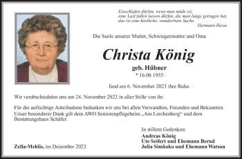 Traueranzeige von Christa König von Südthüringer Presse