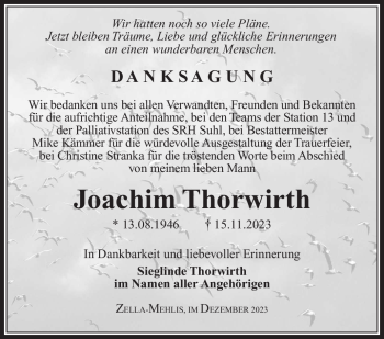 Traueranzeige von Joachim Thorwirth von Südthüringer Presse