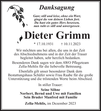 Traueranzeige von Dieter Grimm von Südthüringer Presse