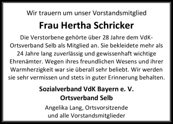 Traueranzeige von Hertha Schricker von Frankenpost
