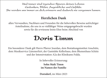 Traueranzeige von Doris Timm von Südthüringer Presse