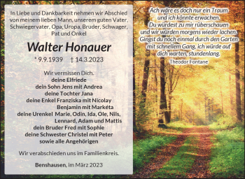 Traueranzeige von Walter Honauer von Südthüringer Presse