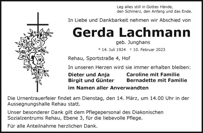 Traueranzeigen von Gerda Lachmann franken gedenkt.de