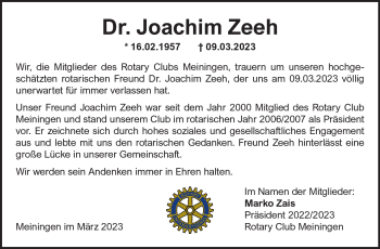 Traueranzeige von Dr. Joachim Zeeh von Südthüringer Presse