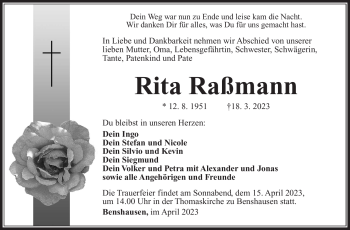 Traueranzeige von Rita Raßmann von Südthüringer Presse