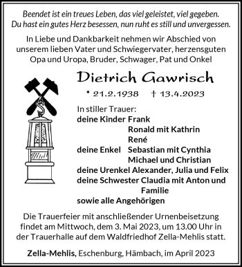 Traueranzeige von Dietrich Gawrisch von Südthüringer Presse