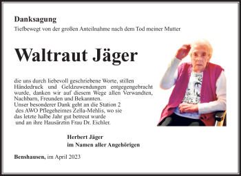 Traueranzeige von Waltraut Jäger von Südthüringer Presse