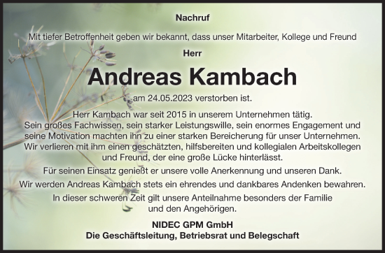 Traueranzeige von Andreas Kambach von Südthüringer Presse