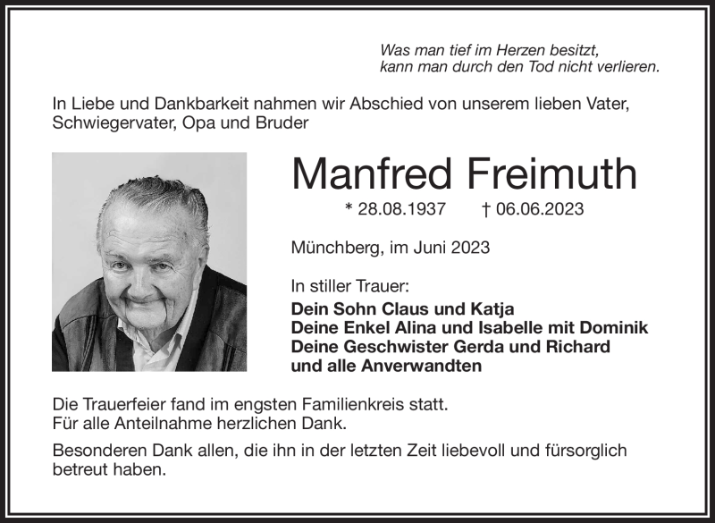  Traueranzeige für Manfred Freimuth vom 30.06.2023 aus Frankenpost