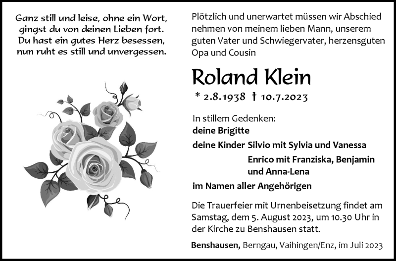  Traueranzeige für Roland Klein vom 29.07.2023 aus Südthüringer Presse