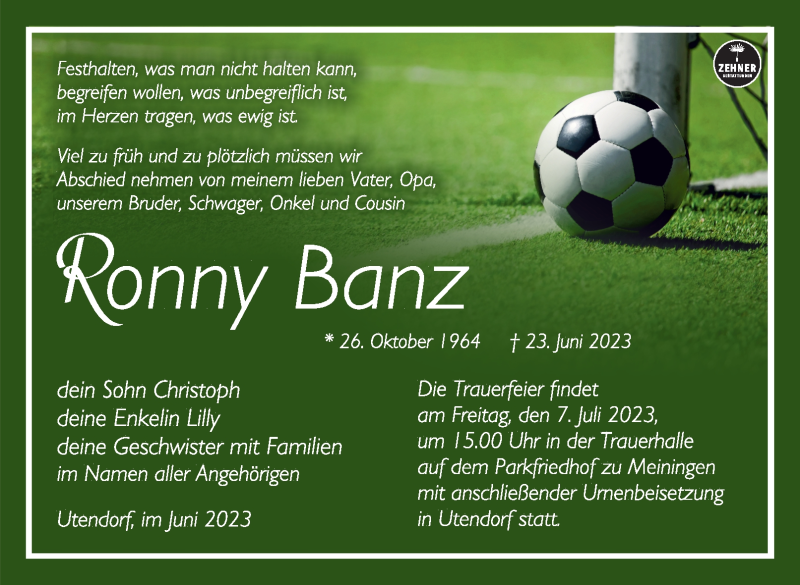  Traueranzeige für Ronny Banz vom 01.07.2023 aus Südthüringer Presse