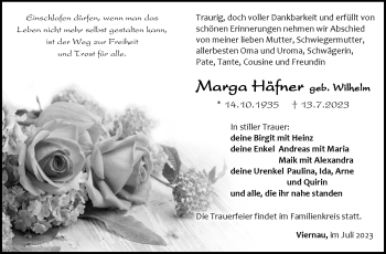 Traueranzeige von Marga Häfner von Südthüringer Presse