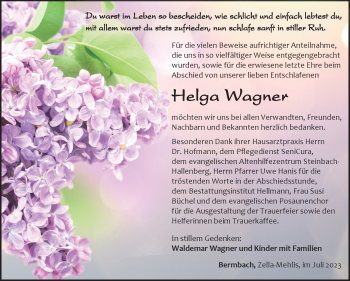 Traueranzeige von Helga Wagner von Südthüringer Presse