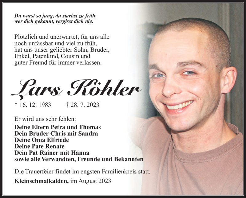  Traueranzeige für Lars Köhler vom 19.08.2023 aus Südthüringer Presse