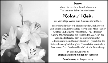 Traueranzeige von Roland Klein von Südthüringer Presse