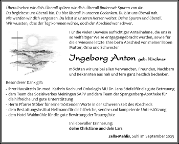 Traueranzeige von Ingeborg Anton von Südthüringer Presse