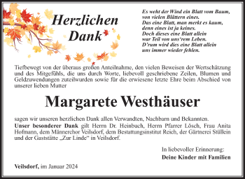 Traueranzeige von Margarete Westhäuser von Südthüringer Presse