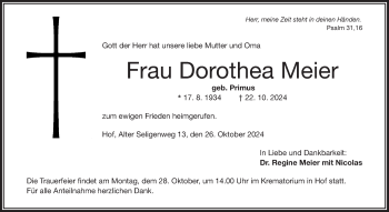 Traueranzeige von Dorothea Meier von Frankenpost