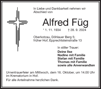 Traueranzeige von Alfred Füg von Frankenpost