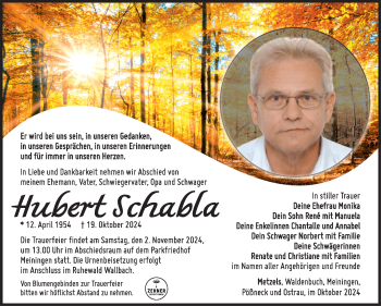 Traueranzeige von Hubert Schabla von Südthüringer Presse