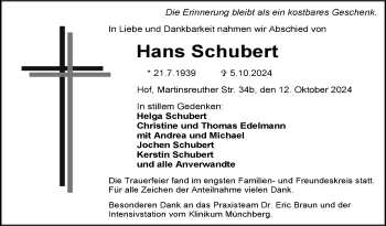 Traueranzeige von Hans Schubert von Frankenpost