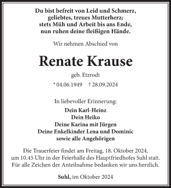 Traueranzeige von Renate Krause von Südthüringer Presse