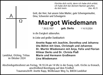 Traueranzeige von Margot Wiedemann von Neue Presse Coburg