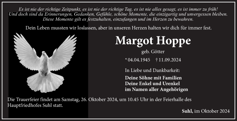  Traueranzeige für Margot Hoppe vom 12.10.2024 aus Südthüringer Presse