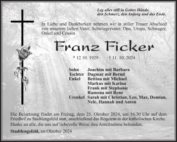 Traueranzeige von Franz Ficker von Südthüringer Presse