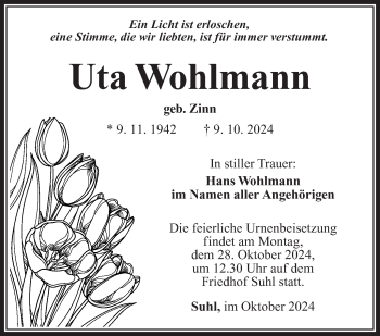 Traueranzeige von Uta Wohlmann von Südthüringer Presse