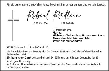 Traueranzeige von Robert Rädlein von Neue Presse Coburg