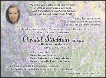 Traueranzeige von Christel Stöcklein von Südthüringer Presse