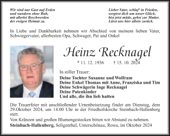 Traueranzeige von Heinz Recknagel von Südthüringer Presse