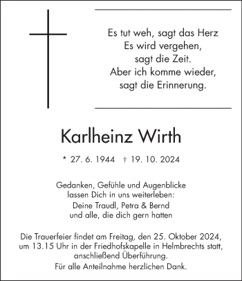 Traueranzeige von Karlheinz Wirth von Frankenpost