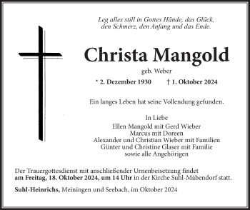 Traueranzeige von Christa Mangold von Südthüringer Presse