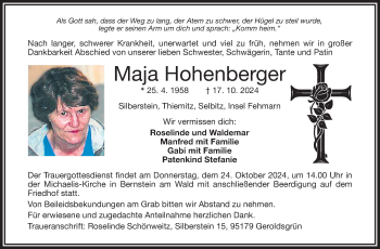 Traueranzeige von Maja Hohenberger von Frankenpost