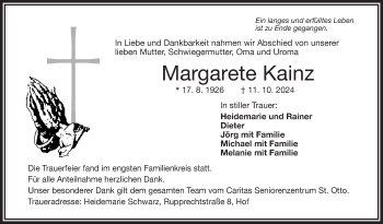 Traueranzeige von Margarete Kainz von Frankenpost