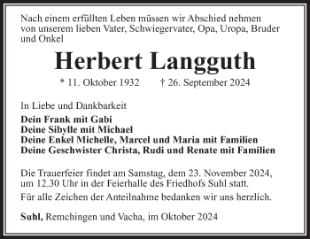 Traueranzeige von Herbert Langguth von Südthüringer Presse