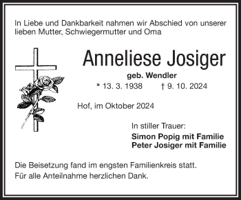 Traueranzeige von Anneliese Josiger von Frankenpost